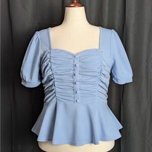 Women’s Vintage Belle Poque Light Blue Ruched Puff Sleeved Top